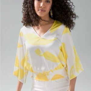 White House Black Market Yellow and White Kimono Blouse, Size Medium